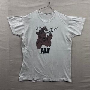 Vintage ALF Graphic T-Shirt Mens Medium White 80s Paper Thin Hey No Problem